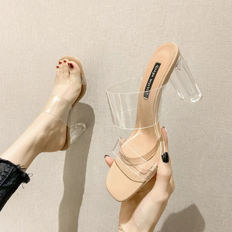 Sandalias de mujer a la moda, tacón de cristal de gelatina de PVC, sandalias sexis transparentes de tacón alto para mujer, zapatos de tacón para verano, sandalias para mujer