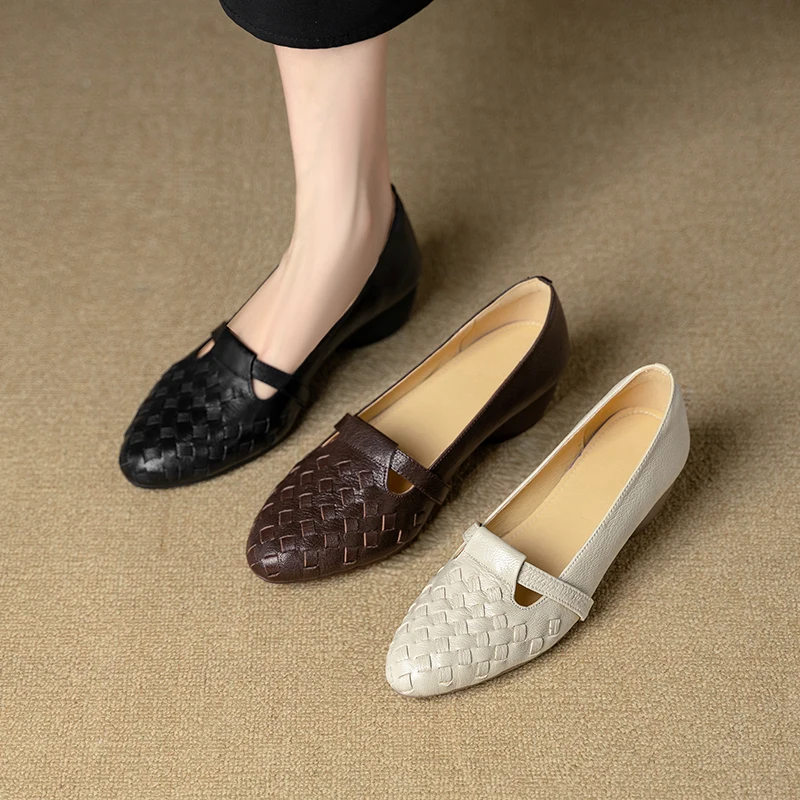 

Pumps Women Hand-Woven Round Toe Shallow Slip On Minimalist Retro Wedge Commuter Work Shoes