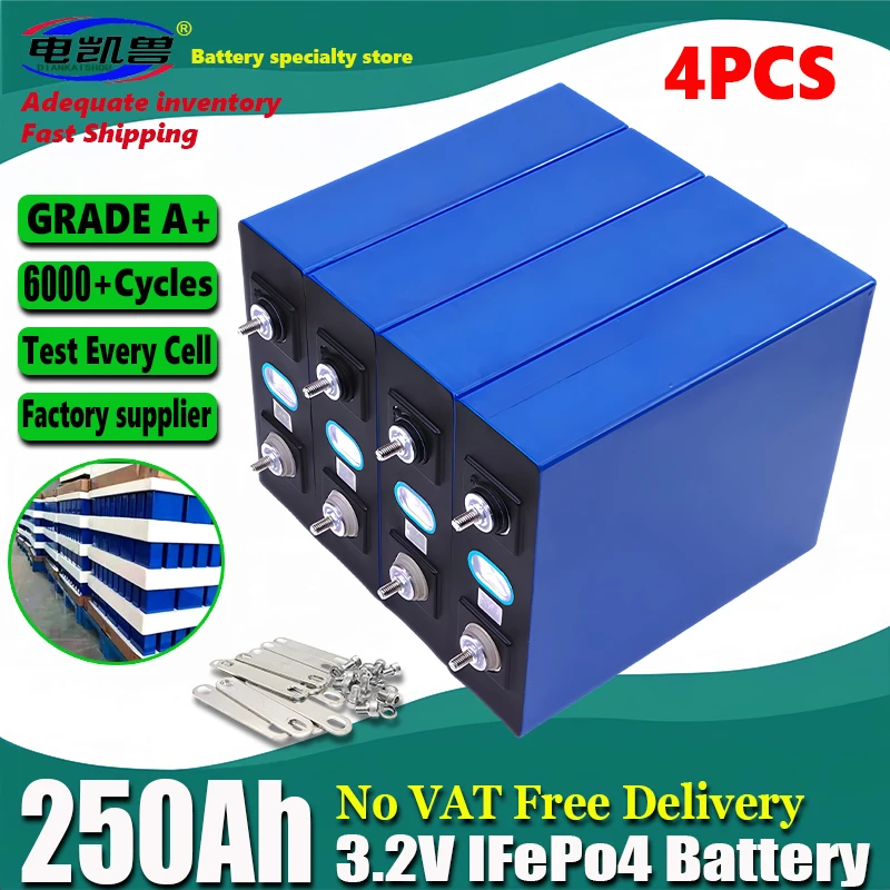 4PCS  3.2V 250AH LiFePo4 battery DIY12V 24V 48V RV Solar Storage Golf Cart Truck Rechargeable Battery ,Free Shipping Items