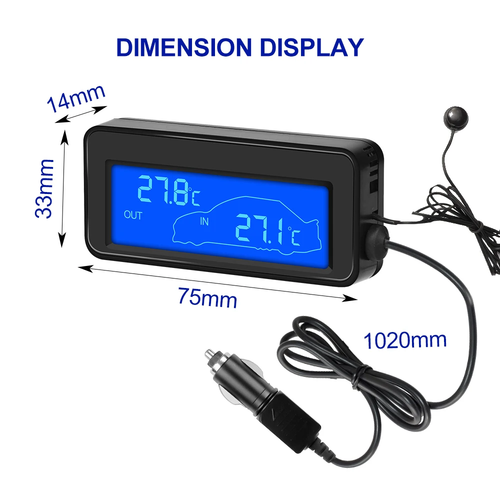 Termometro digitale per auto Mini LCD impermeabile per interni ed esterni comodo sensore di temperatura con cavo accendisigari da 1.5M