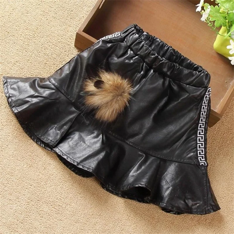 

Children's clothing girls leather skirt PU solid color a-line skirt children's flounce short fashion skirt