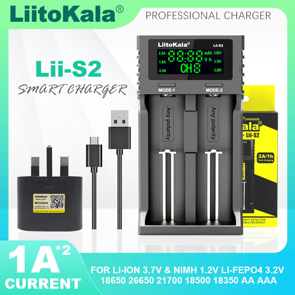 Liitokala Lii-S2 1.2V NiMH 3.7V Lithium Rechargeable Battery Charger for 3.8V 3.2V 18650 18350 18500 21700 26650 16340 26700 AA