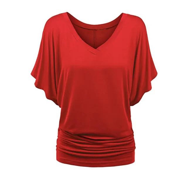 2022 Women Summer T-shirt Ruched V-Neck Batwing Short Sleeves T shirt Solid Casual Loose Female Tops Tees
