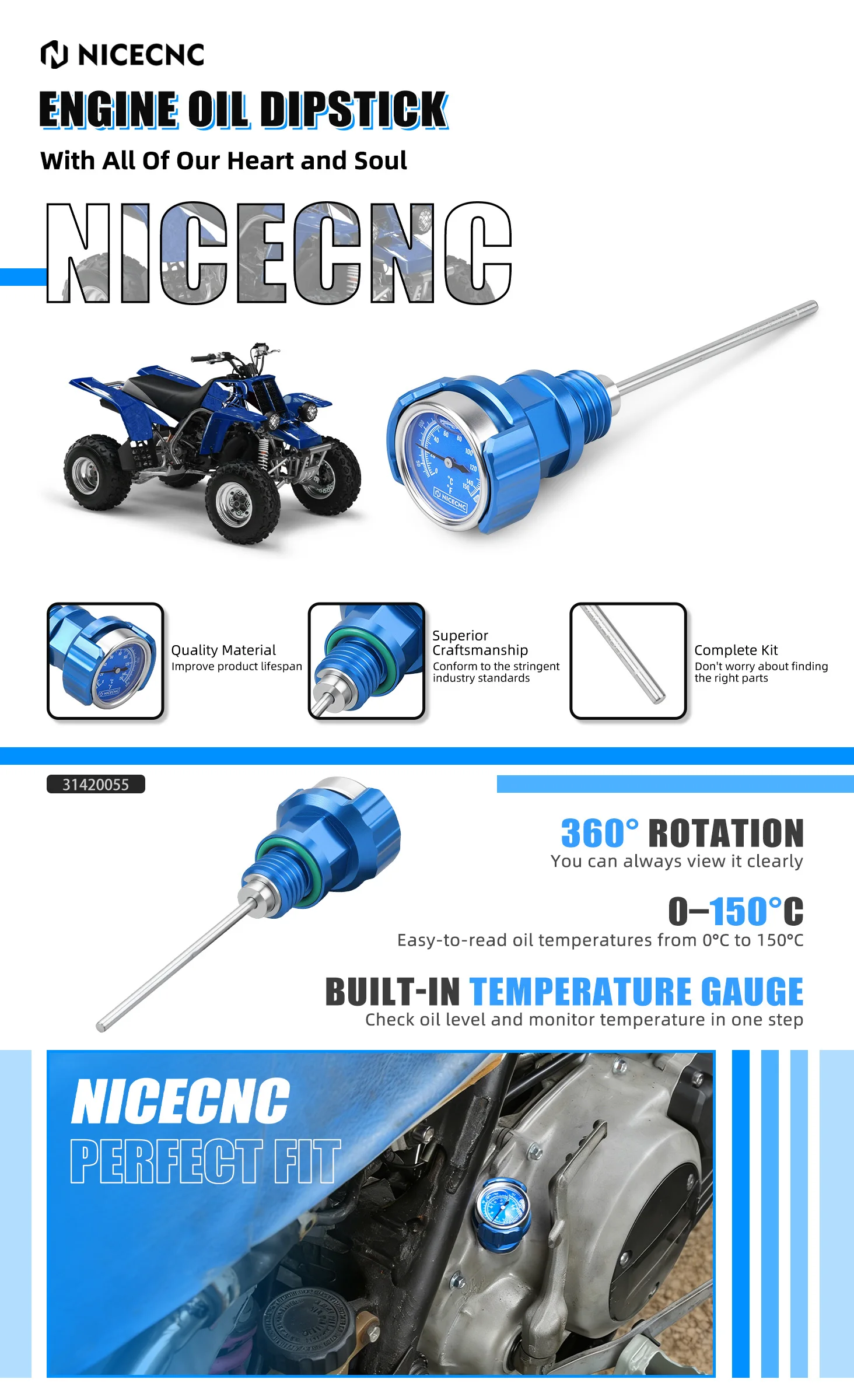NICECNC ATV-Motoröl-Ölstandsanzeige für Yamaha Banshee 350 YFZ350 1987–2006 0–150 ° C 24mm Schraubenschlüssel 4L0-15362-00-00 Aluminiumlegierung – Detail 2