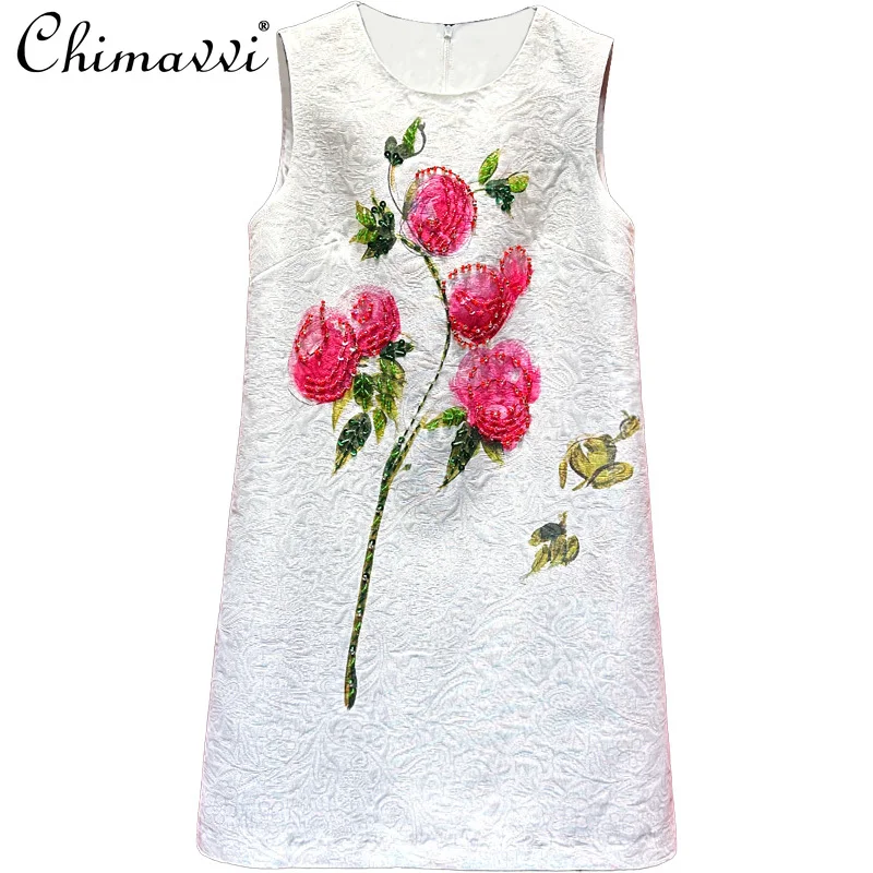 High-end Light Luxury Handmade Beaded Short Dress 2025 Summer Clothes New High-end Fashion Round Neck Sleeveless Dresses Women