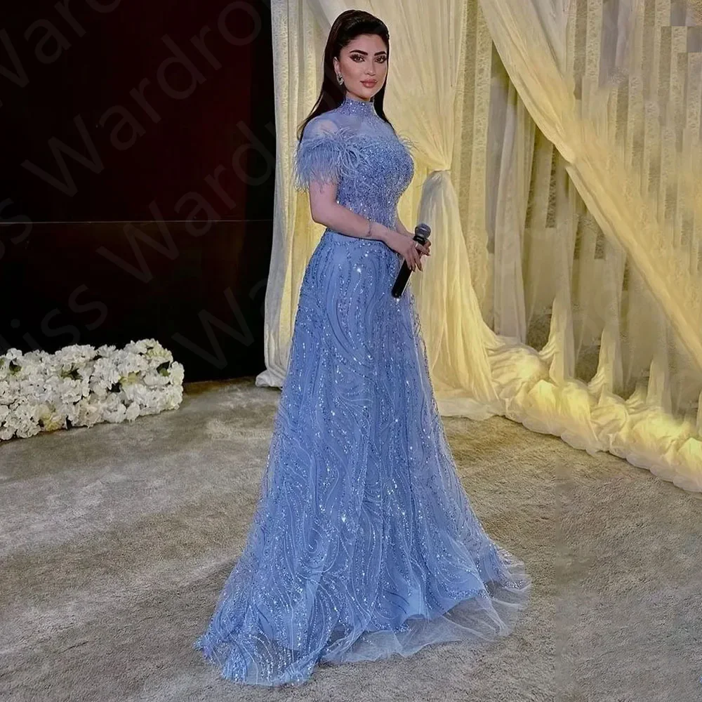 Sky Blue Prom Dresses High Neck Pleated Beading Saudi Arabia Evening Dresses Floor Length Customized Feathers Wedding Dress