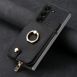 Zipper Wallet Phone Case with Card Slot Holder For Samsung Galaxy Z Fold 6 5 Fold6 Fold5 5G Ring Kickstand PU Leather Back Cover