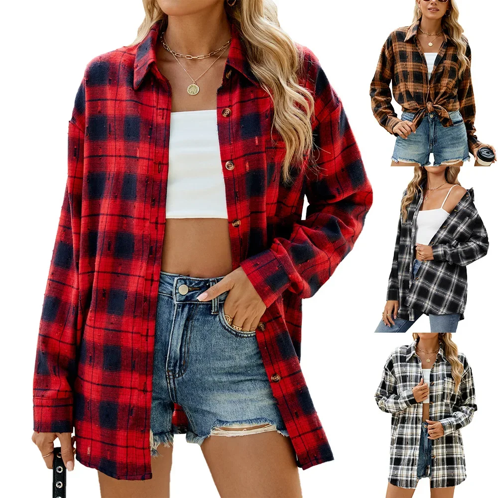 Europe and the United States new autumn and winter vintage hook flower long sleeve loose lapel plaid shirt woman