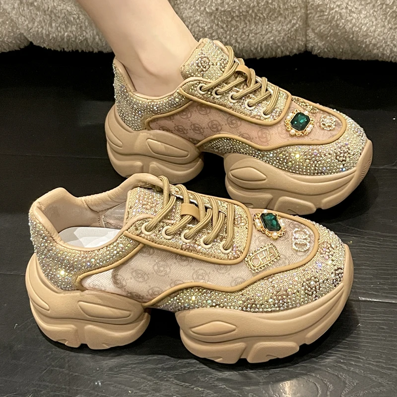 Women Luxury Shoes Vulcanized Sneakers Bling Rhineston Wedges Thick Bottom Platform Lace Up Comfortable Casual Shoe For Female