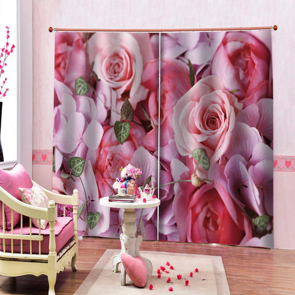 Beautiful Photo Fashion Customized 3D Curtains pink rose wedding curtains 3D Window Curtains For Living Room Bedroom