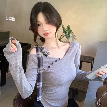 가을 겨울용 여성용 펄프리미지 롱슬리브 네이키드탑 스타일리시한 비스무리한 어깨 노출 패턴 스트로우터셔츠