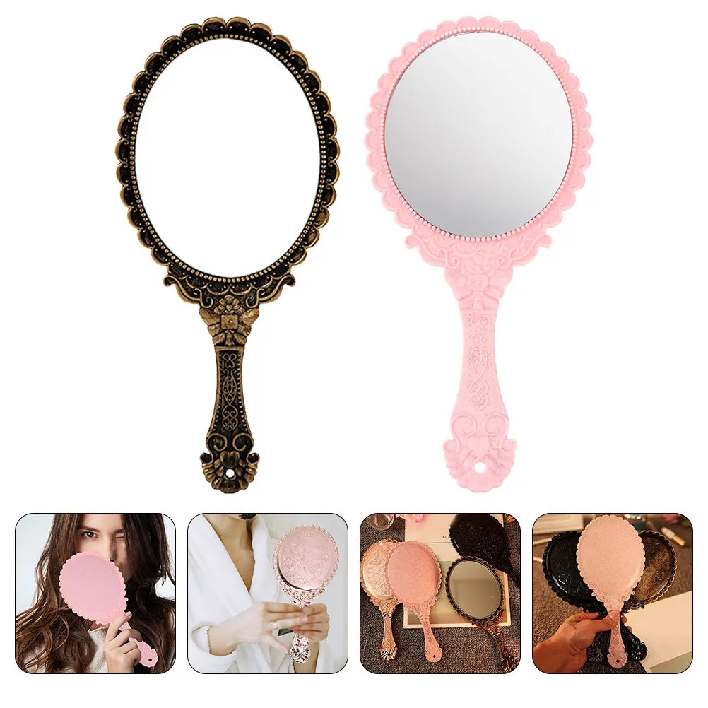 

2Pcs Retro Handhold Makeup Mirror Compact Travel Size Ornate Glass and ABS Design for Women Fashionable Hand Mirror
