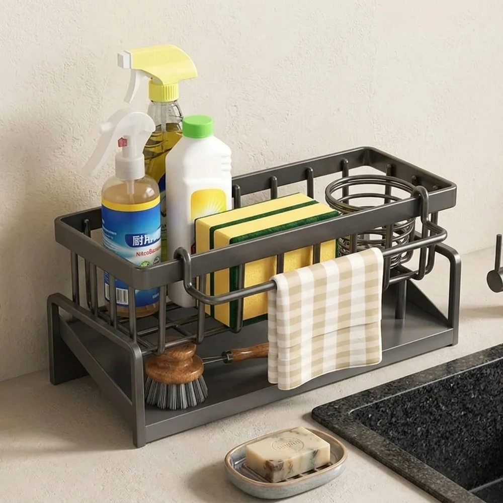 

Tap-Mounted Compact Spice Shelf Sink Organizer with Drainage Rack & Towel Bar Space-Saving Kitchen Storage Rack for Utensils Cou