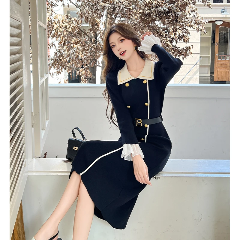 벨트가 달린 빈티지 니트 드레스 여성 더블 브레스트 긴 소매 드레스 스타일리시 우아한 시크 패션 여성 의류