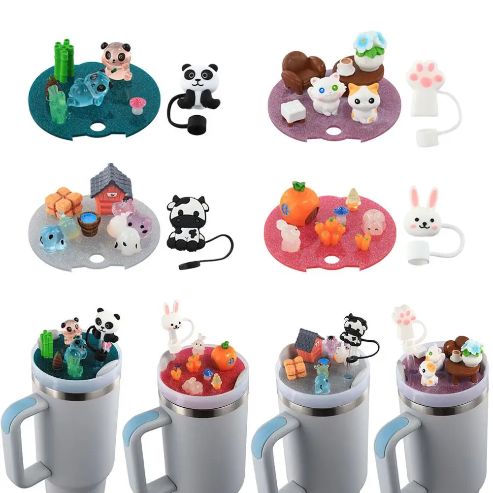 Splash Proof Lid Compatible With Mugs For Stanley Straw Holding Lid With Dust Cap Round Leak Stopper Luminous Bunny Panda P H3C2