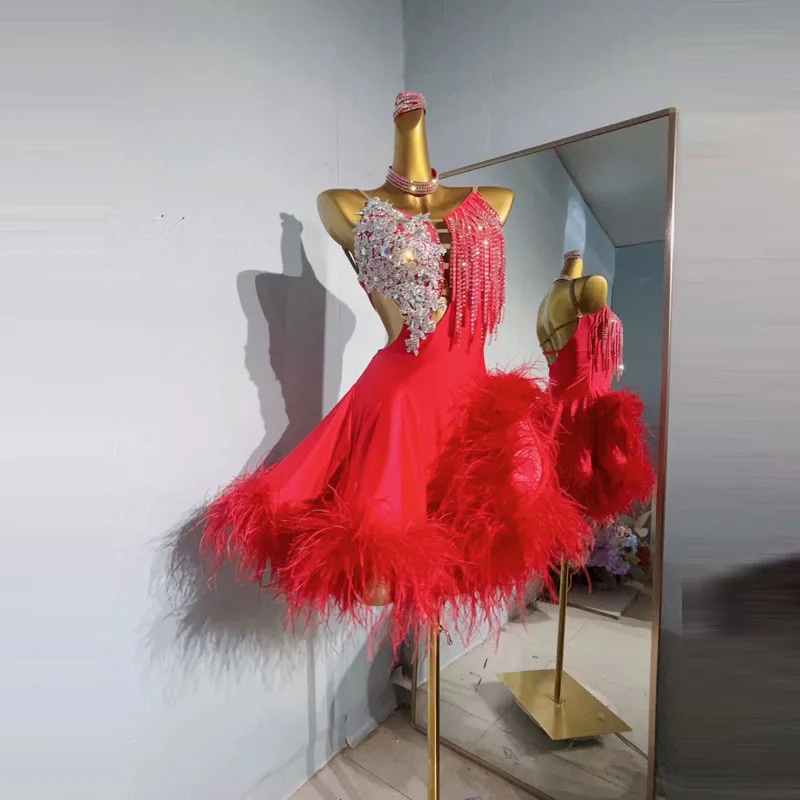 New high-end Latin dance red feather fishtail dress women's clothing series Cha Cha dance dress performance dress