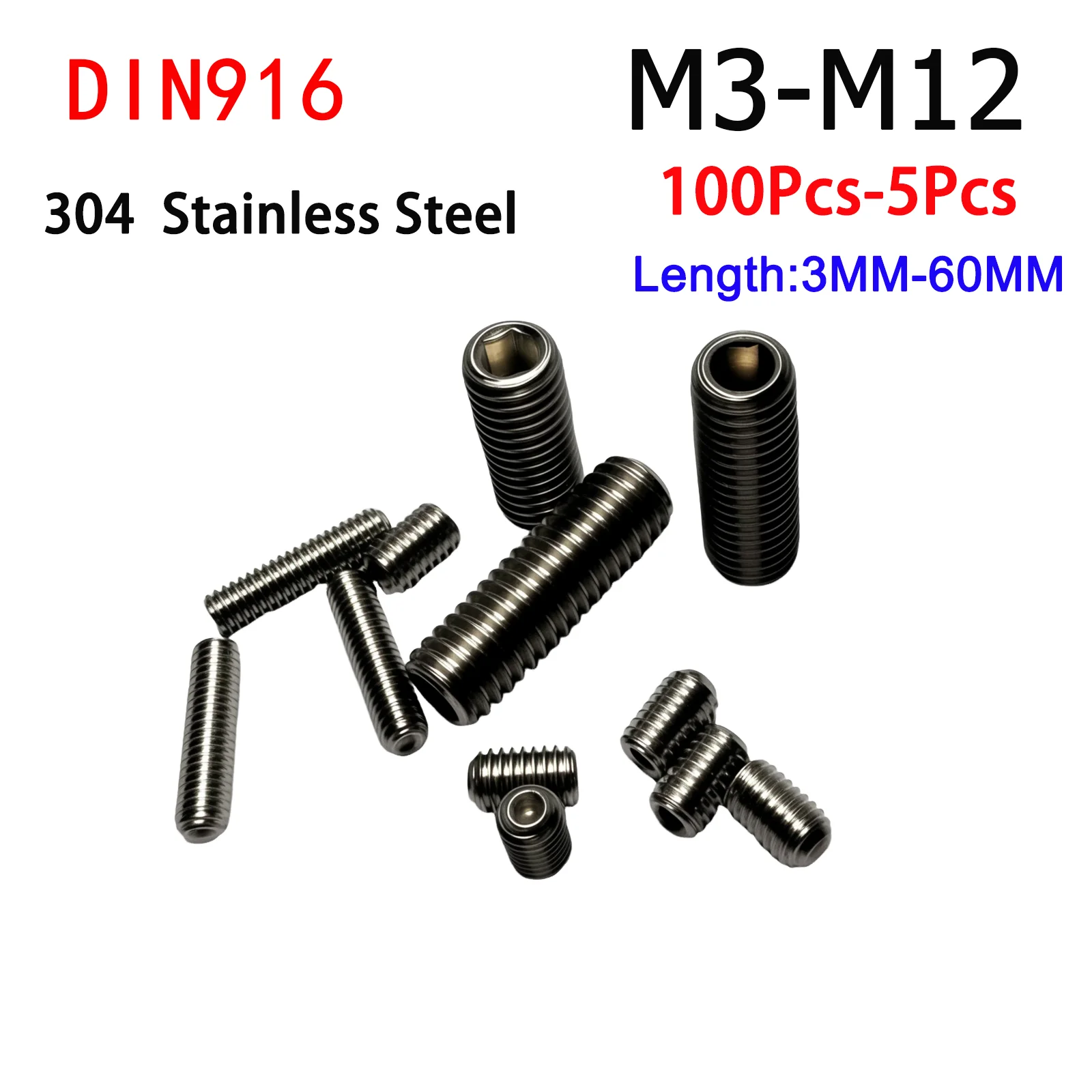 

5-100Pcs Hex Socket Set Screw Cup Point 304 Stainless Steel M3 M4 M5 M6 M8 M10 M12 Headless Hexagon Socket Grub Screw DIN916