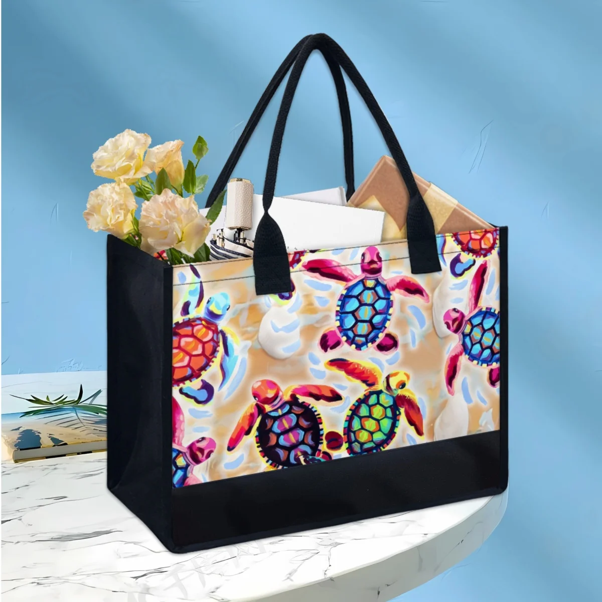 

Turtle Designer Printed Women Shoulder Bag Handle Vintage Canvas Travel Commuter Beach Bag Large Capacity Party Clutch Handbags