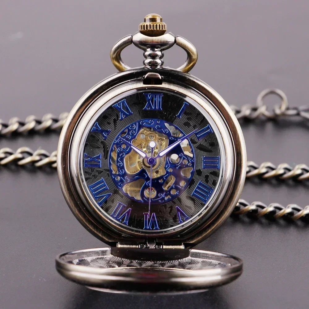 Vintage Roman Numerals Blue Dial Pocket Watches Mechanical Personalised Mens Hand Wind Fob Chain Watches