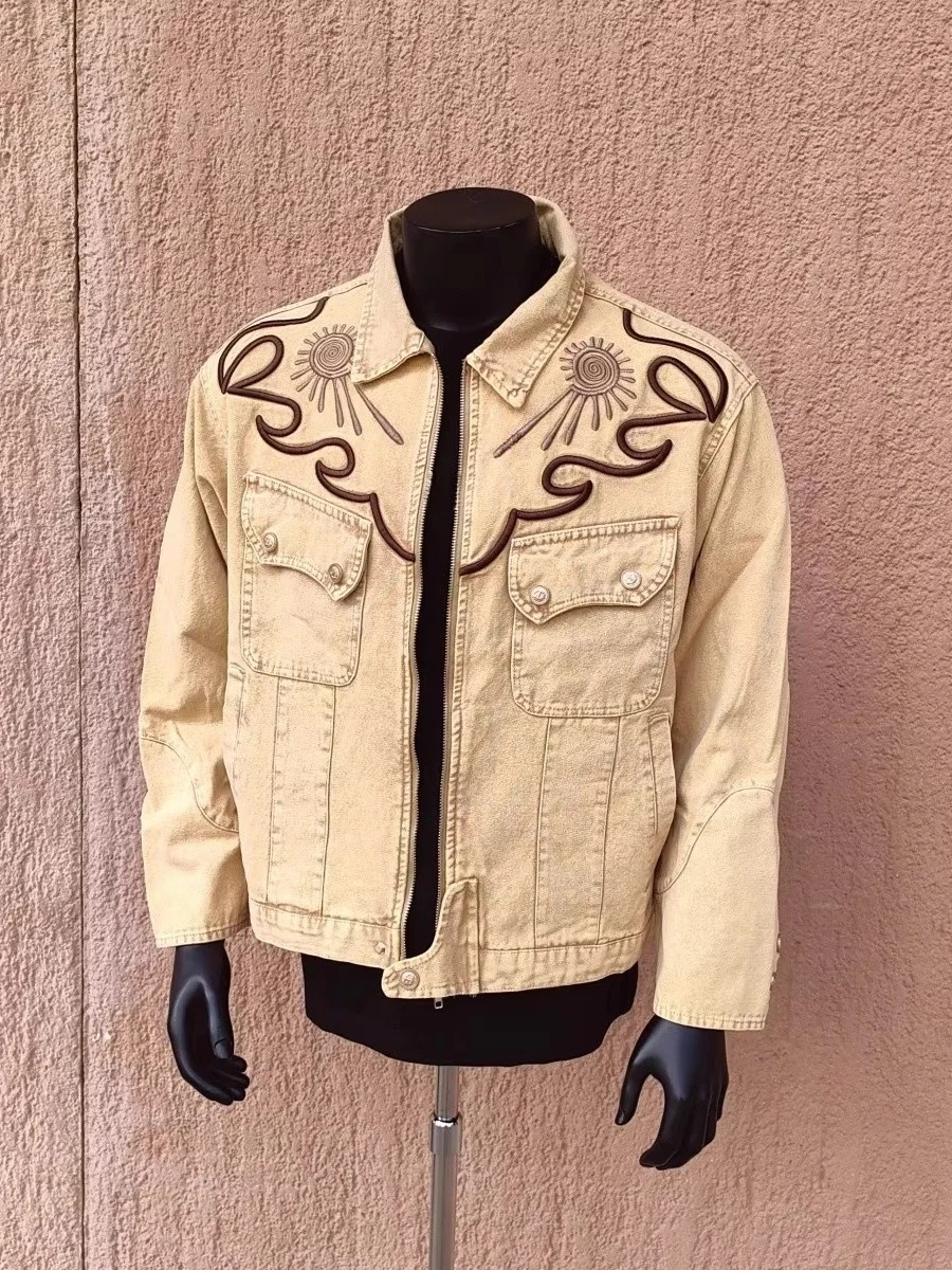 

Джинсы American Sle ort Tailored Jaet, мужские весенне-осенние джинсы с откидным воротником и вышивкой, длинные джинсы в стиле ретро Sle Stand Fit...