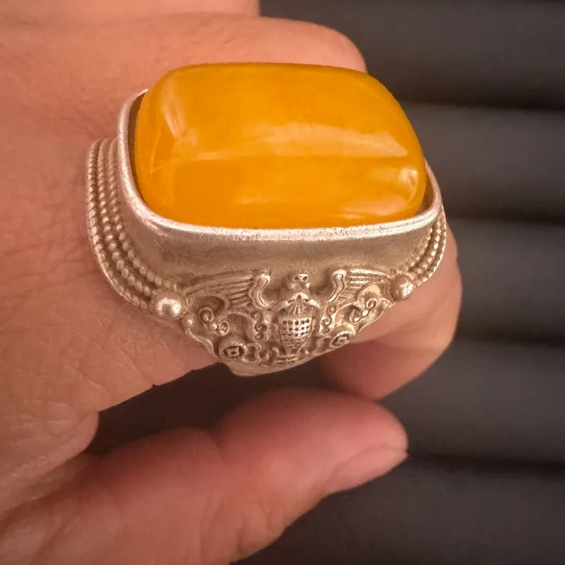 Ethnic Retro Couple Ring, Tibetan Silver Inlaid Imitation Amber Carp Pattern Vintage Thumb Ring