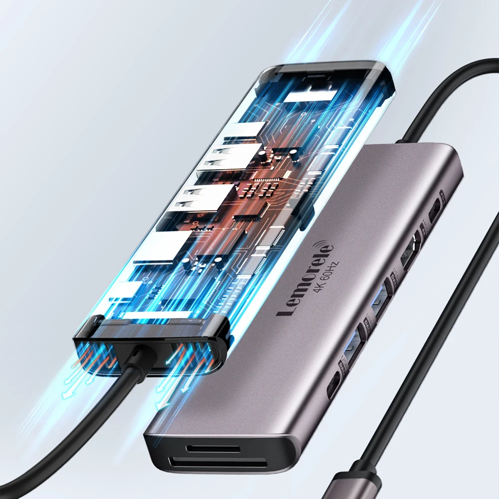 Lemorele TC45L 7 في 1 منافذ USB 3.0 Hub Type C 3.0 شاحن سريع 4k@60HZ HDMI USB C محطة إرساء لأجهزة الكمبيوتر المحمول Windows MacOS Dell