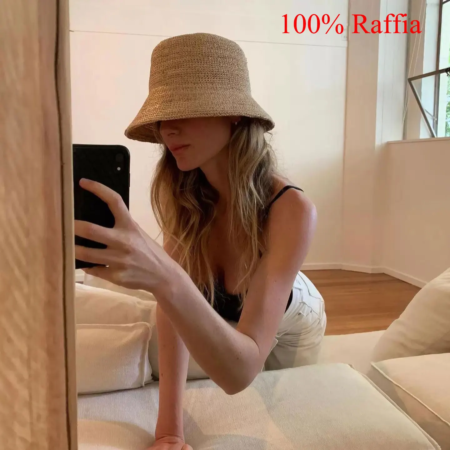 Summer 100% Raffia Bucket Hat For Women Natural Sun Hat Colorful Straw Beach Hat Sun Protection Breathable Beach Fisherman Hat