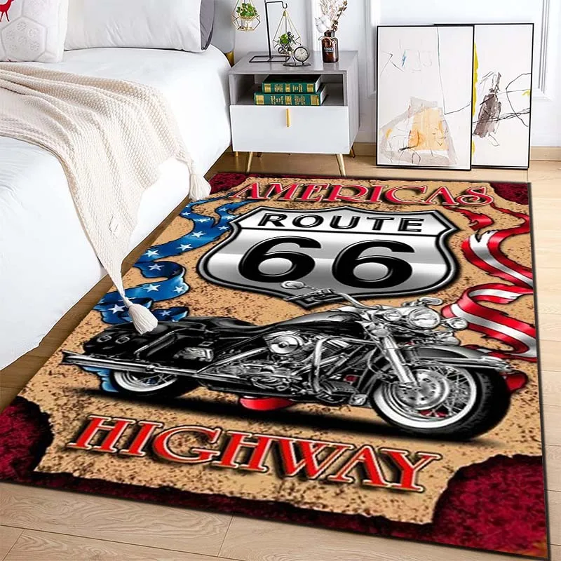 Route 66 Motorcycle Pattern Print Flannel Area Rug Americana Theme Soft Comfortable Floor Mat For Living Room Bedroom