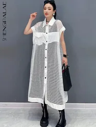 SHENGPALAE 2024 Summer New Women's Dress Hollow Mesh Short Sleeve Long Coat Casual Versatile Loose Elegant Female Clothes 5R9873