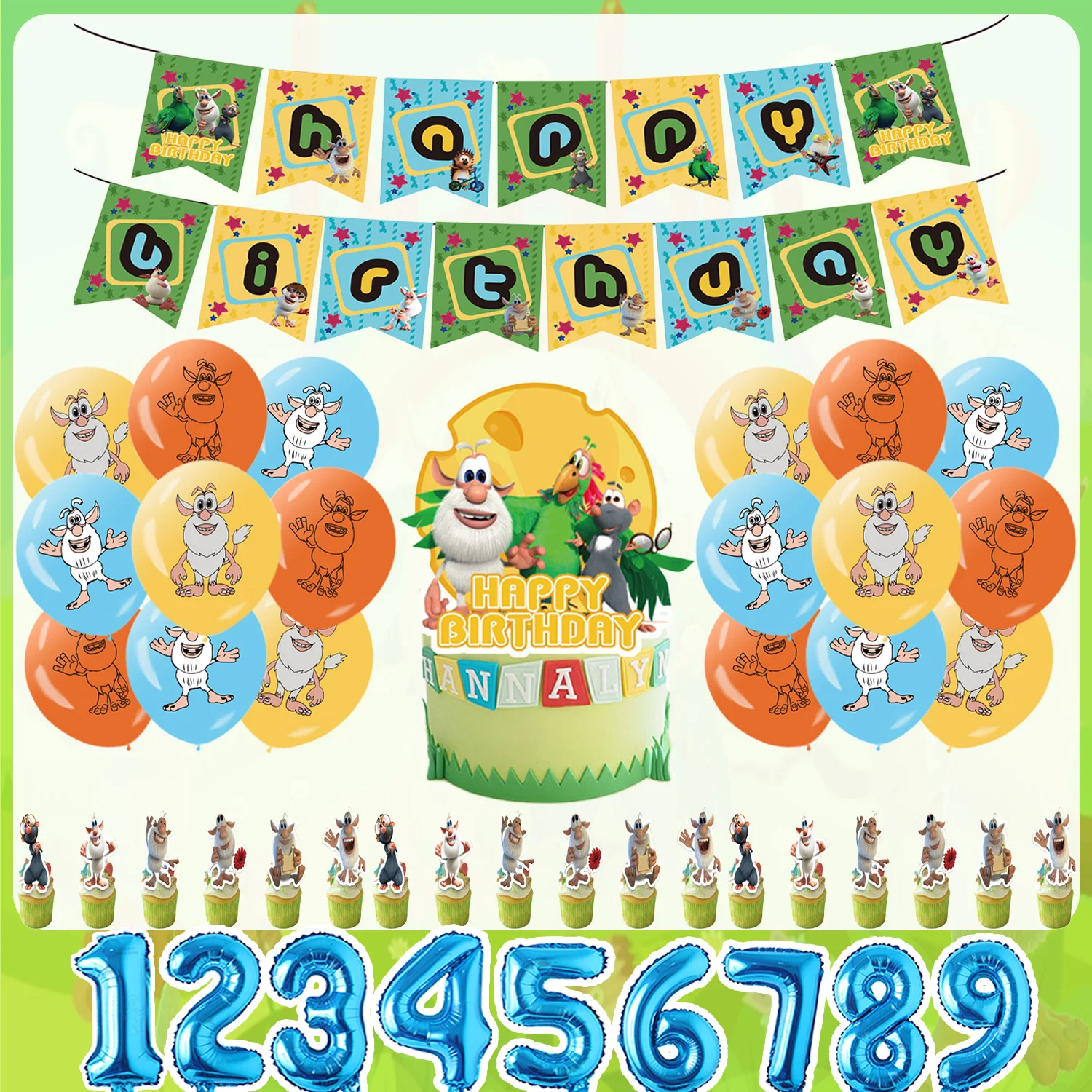 Cartoon&Booba Theme Birthday Party Decoration Happy Birthday Banner Boobaed Balloon Cake Topper Kid Boys Birthday Party Supplies