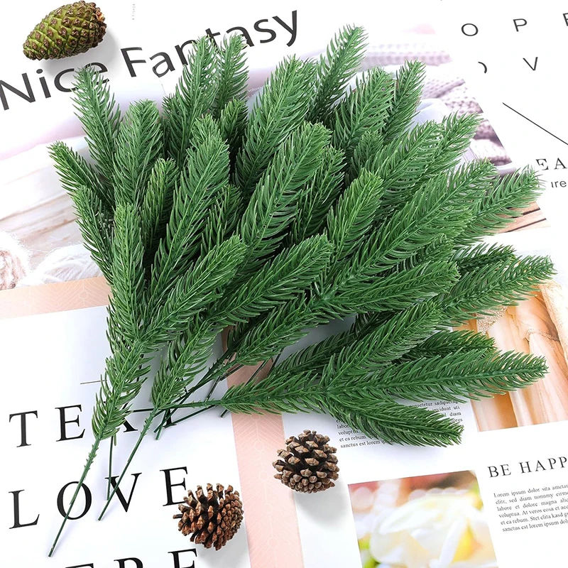 24pcs Christmas Simulation Pine Branches Simulation Plants Three-Forked Three-Dimensional Double-Sided Pine Needle Branches Chri