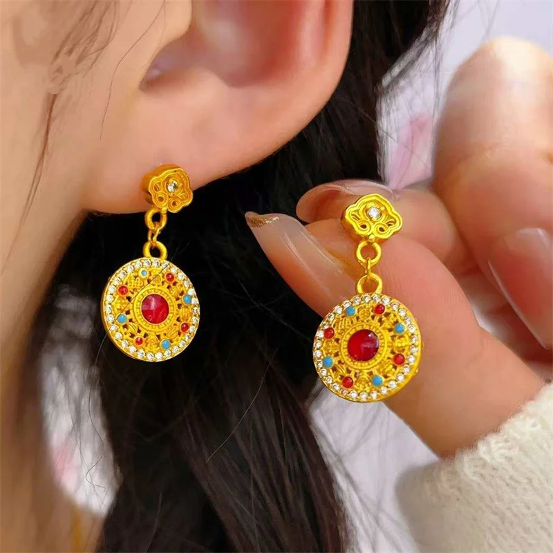 

24K Au999 Solid Gold Ancient Craft Eight Treasures Stud Earrings, Colorful Gemstone Inlaid, Women's Fashion Ear Jewelry Gift