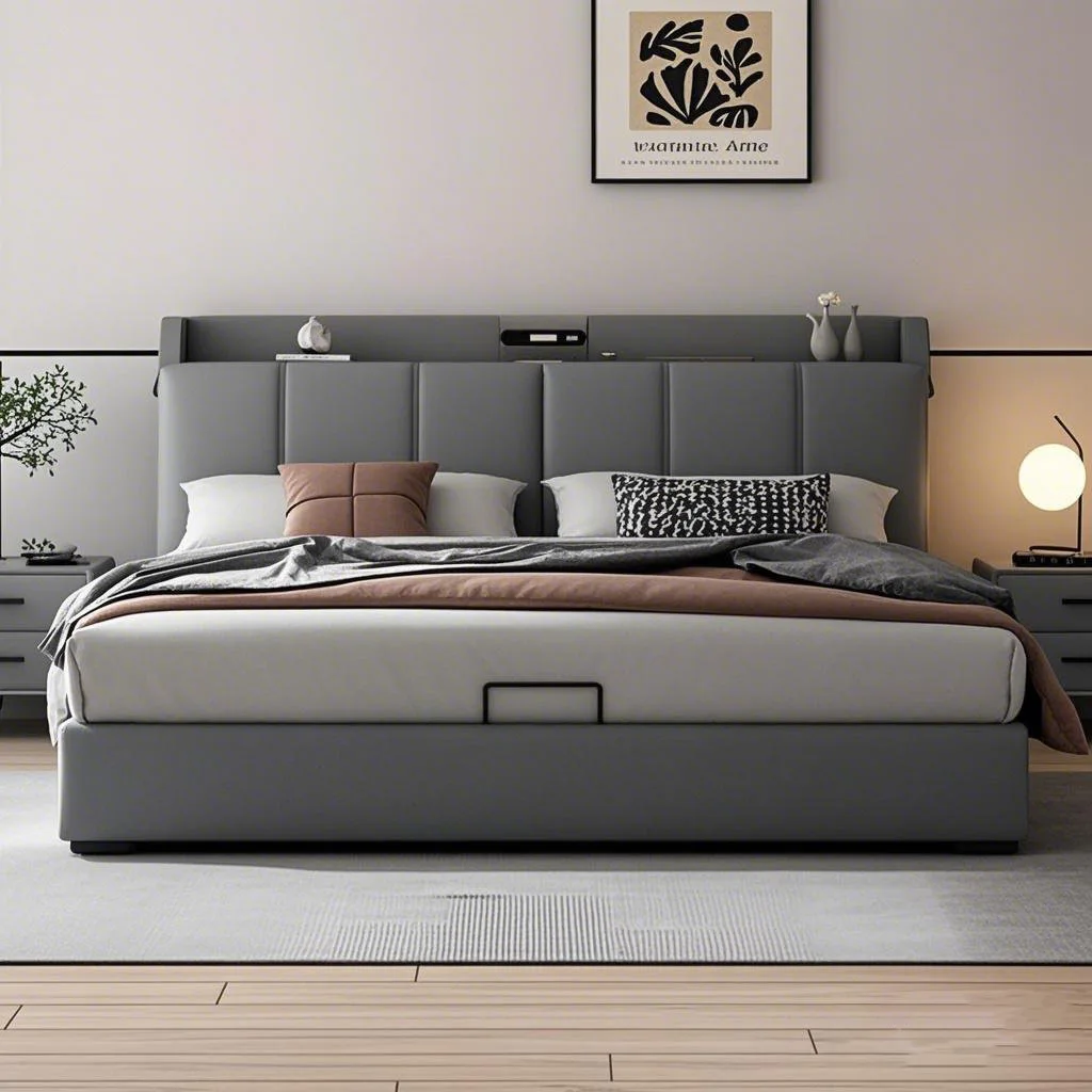 *Minimalist Leather Bed, Double Bed, Small Unit, Multifunctional with Light Storage, Solid Wood Soft Pack Bed