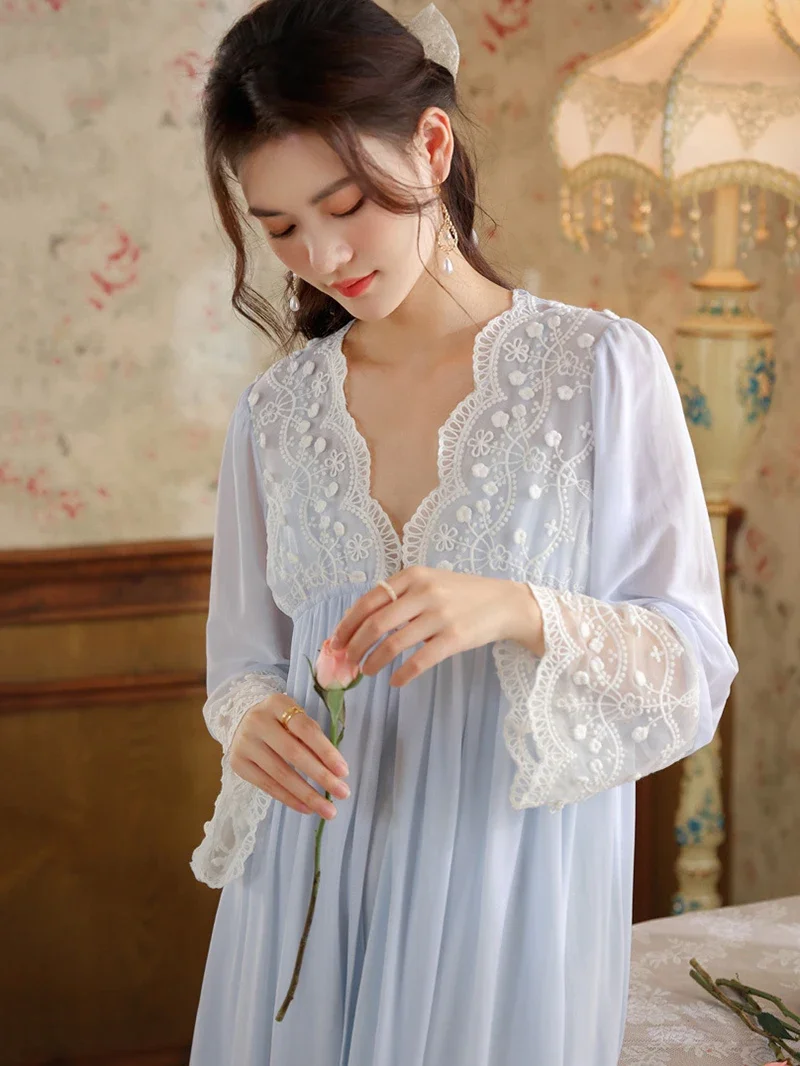 Women Nightgowns Ruffles Fairy Dress Long Sleeve Spring Breast Pad Cotton Spaghetti Strap Back Vintage Princess Sexy Sleepwear