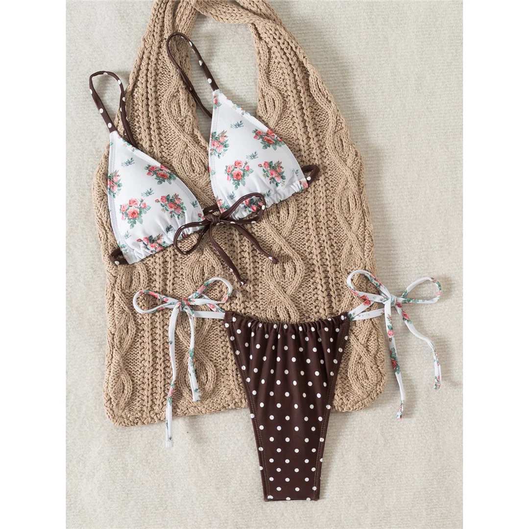 Neuer, mit Blumen- und Punktmuster versehener, hoch geschnittener Bikini für Damen, zweiteiliger Badeanzug, Badebekleidung, Badeanzug, Modell V6964. – Detail 4