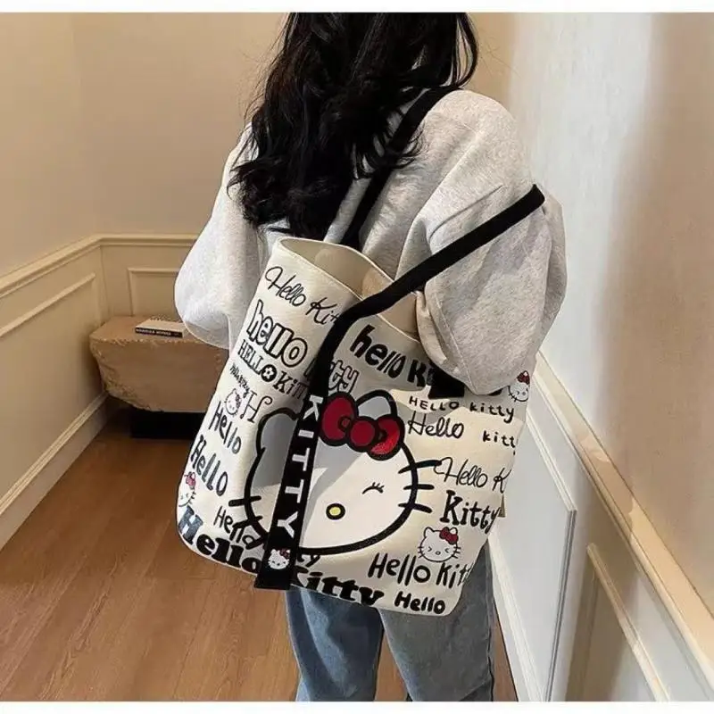 

Kawaii Hello Kittys Crossbody Bag Sanrios Canvas New Girl Large Capacity Tote Bag Student Cartoon Leisure One Shoulder Handbag