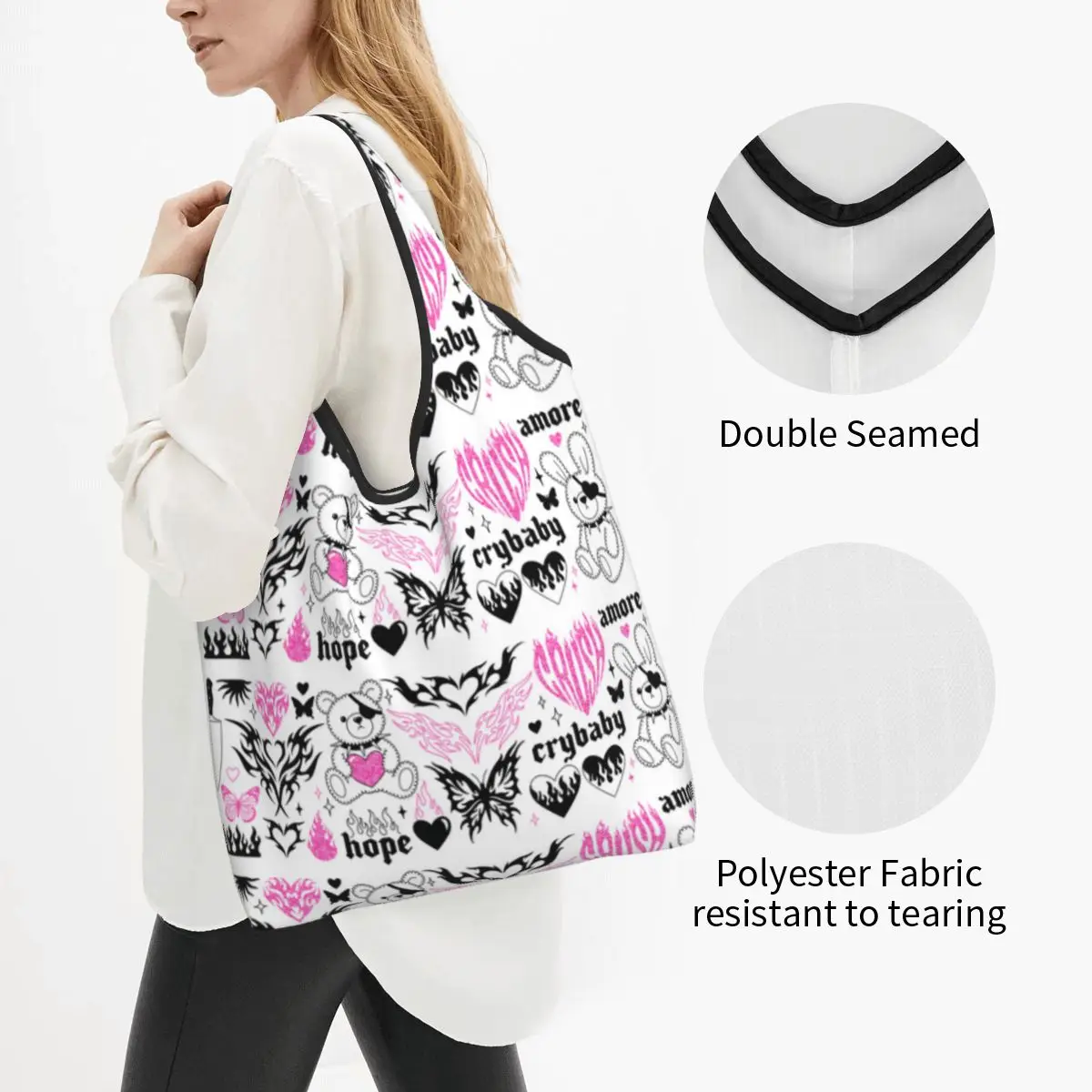 Custom Recycling Y2k Glamour Pink Stickers In Trendy Emo Goth 2000s Style Shopping Bag Tote Bag Portable Groceries Shopper Bags