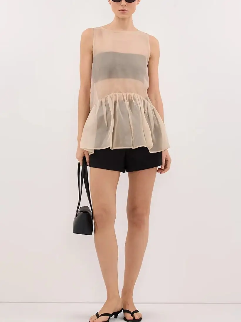 LIMO Sheer Mesh Sleeveless Top Women Ruffle Hem Flowy See-Through Blouse