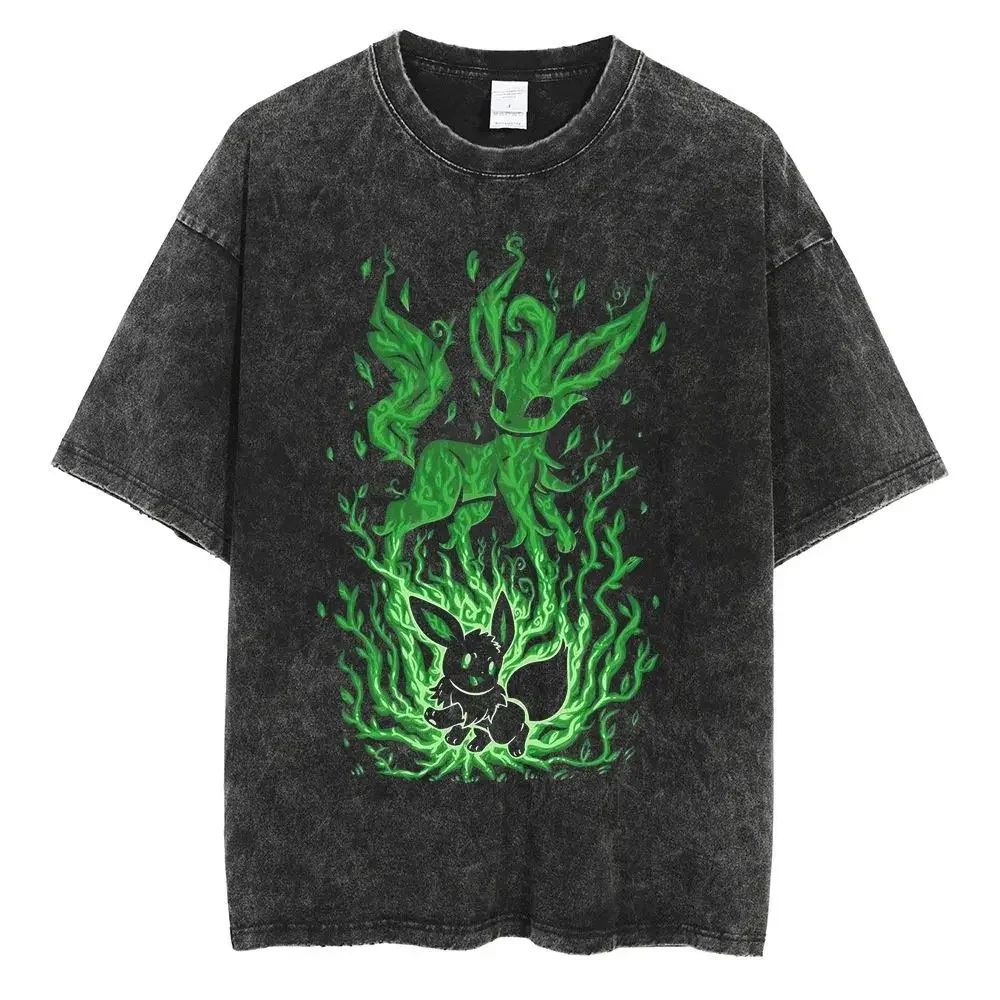 Pokemon 2026 Summer Vintage Washed Cotton T Shirt Oversized Streetwear Eevee Leafeon Evolution Green Flame Graphic