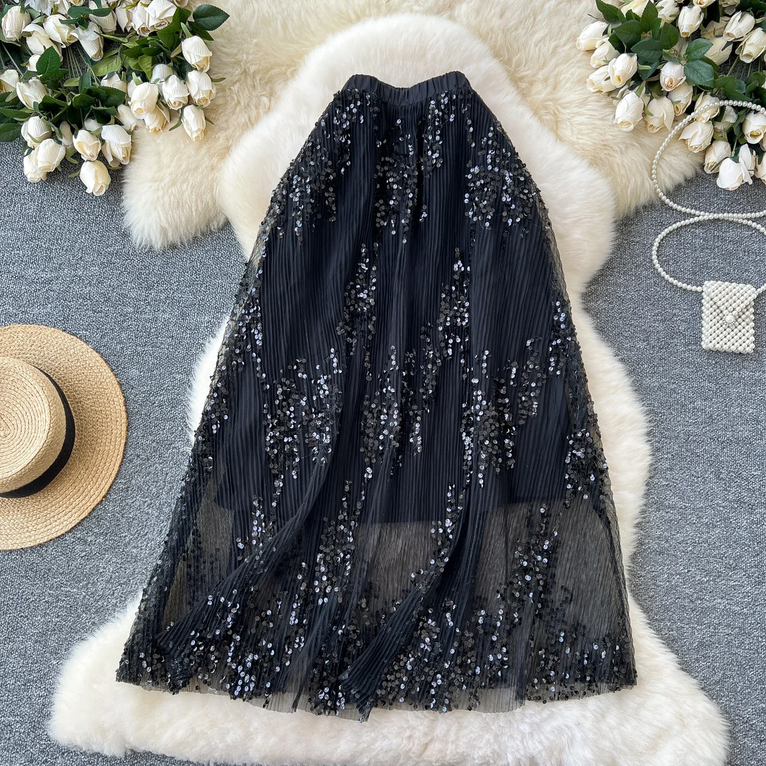 High Street Sequins Sparkling Black Skirt Women 2024 Autumn New Elastic Waist Versatile Skinny Pendant Mesh Chiffon Fairy Skirts