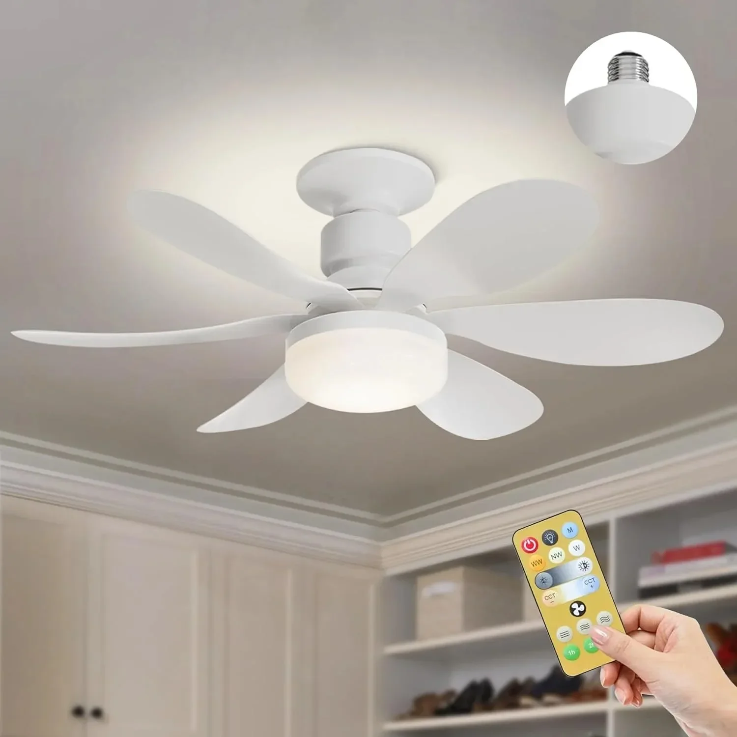 Luz de ventilador con enchufe, Bombilla Led de techo con Control remoto inteligente, lámpara E27 para interior, dormitorio, sala de estar, ventilador de techo ajustable de tres engranajes