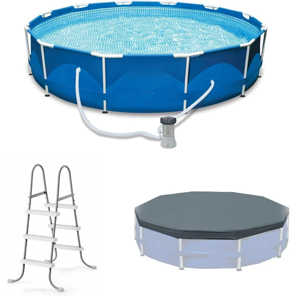 

12' x 30" Round Metal Frame Outdoor Above Ground Swimming Pool Set with Filter Pump, Cartridges, 42 Inch Steel Pool Ladder