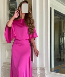 BridalAffair Elegant Fuchsia Long Satin Evening Dresses With Sleeves Mermaid Floor Length Robe De Mariée Party Gown For Women