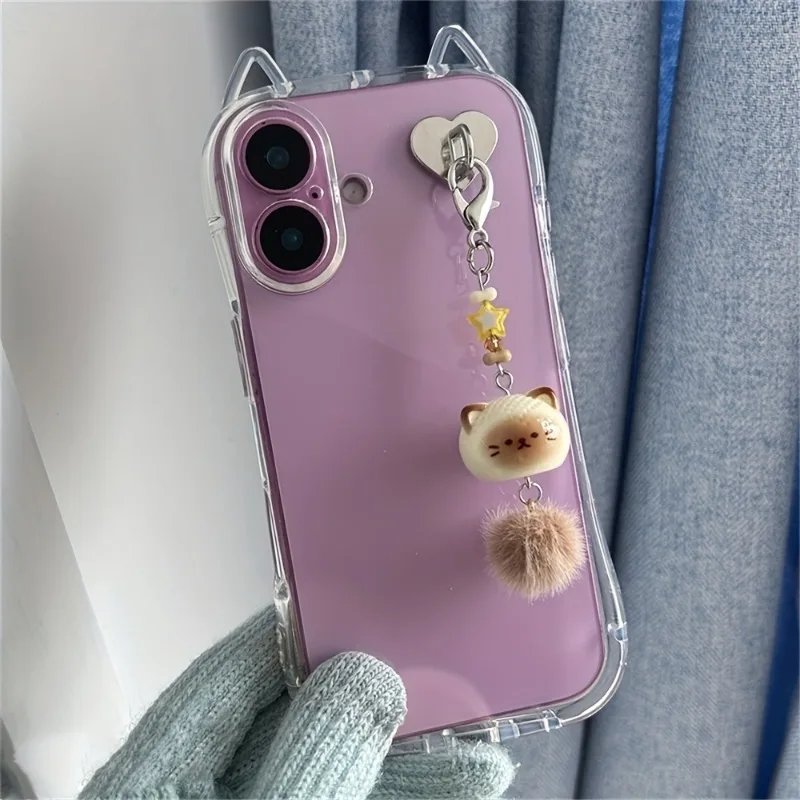 3D Kitten Phone Chain Resin Cat Keychain Student Cute Bag Pendant Anti Lost Phone Lanyard Strap with Heart Hook Women Girls Gift