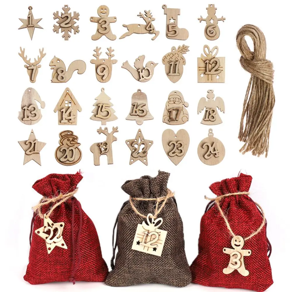 24 pz/set calendari dell'avvento di natale ciondolo in legno numero etichetta conto alla rovescia sacchetti regalo fai da te pacchetto di biscotti Decor cartellini appesi