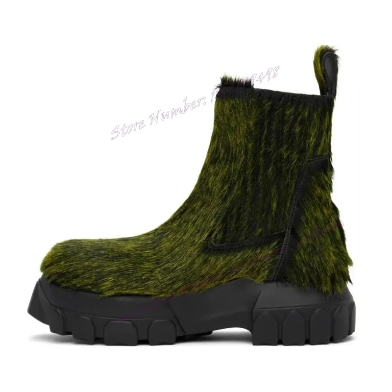 

Green Fluffy Platform Men's Ankel Boots Round Toe Handmade British Style Chelsea Shoes Casual Runway Winter Snow Boots For Men