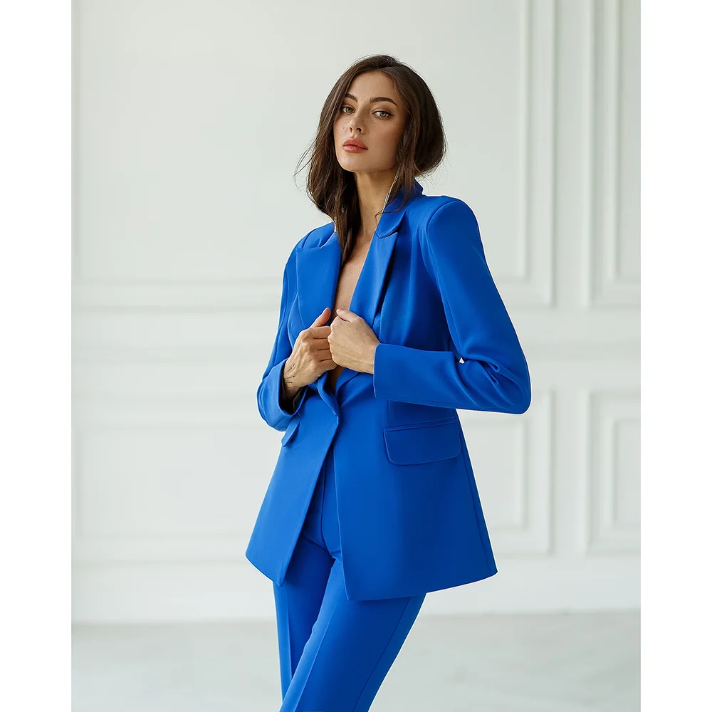 Chic Solid Women Suits Fashion Peak Lapel One Button Wedding Party Tuxedo Basic Simple Casual Smart Daily Female Pants Sets