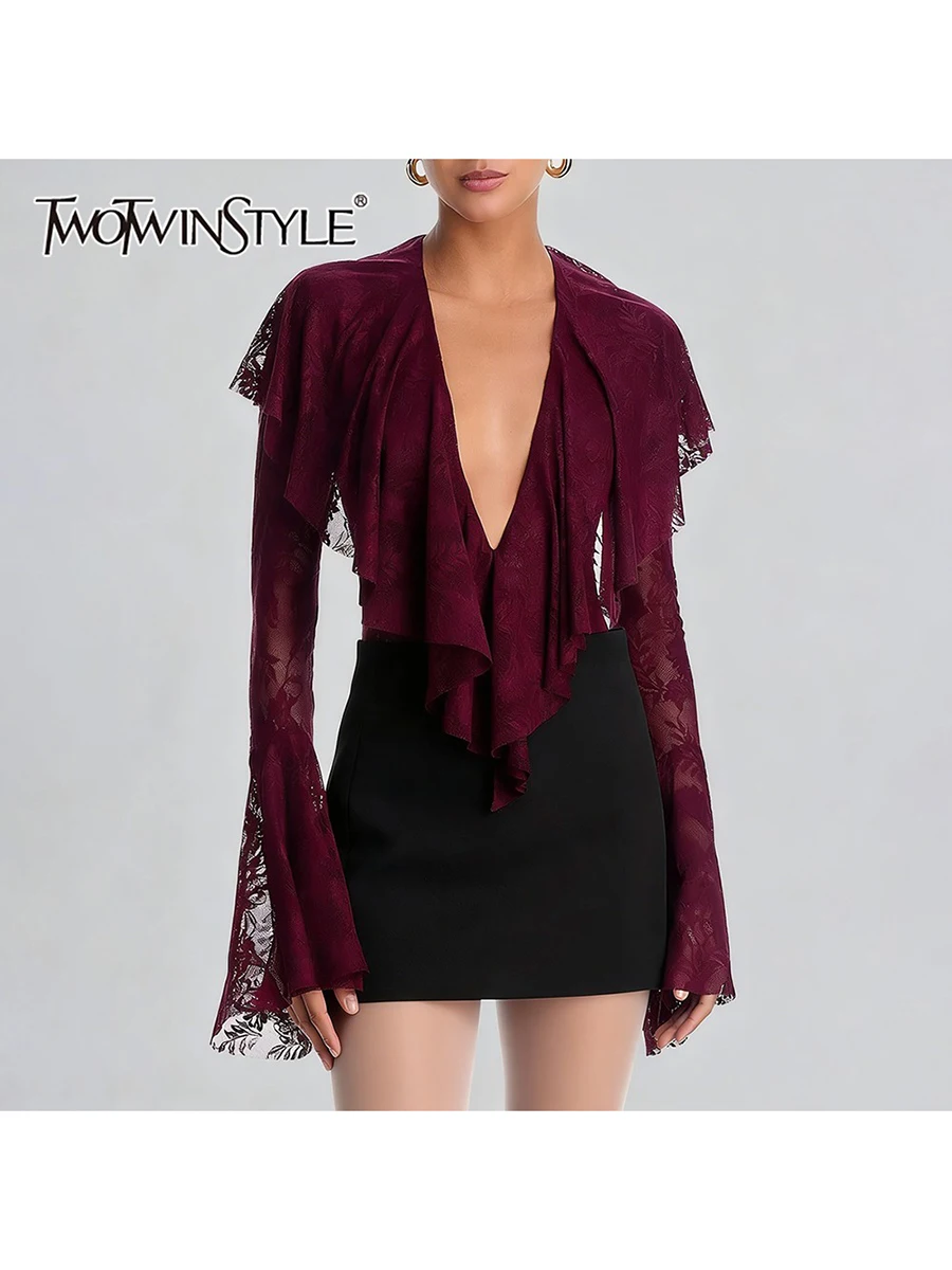 

TWOTWINSTYLE Sexy Slimming Spliced Ruffles Folds Rompers for Women V Neck Long Sleeves Sheer Patchwork Lace Romper Female New