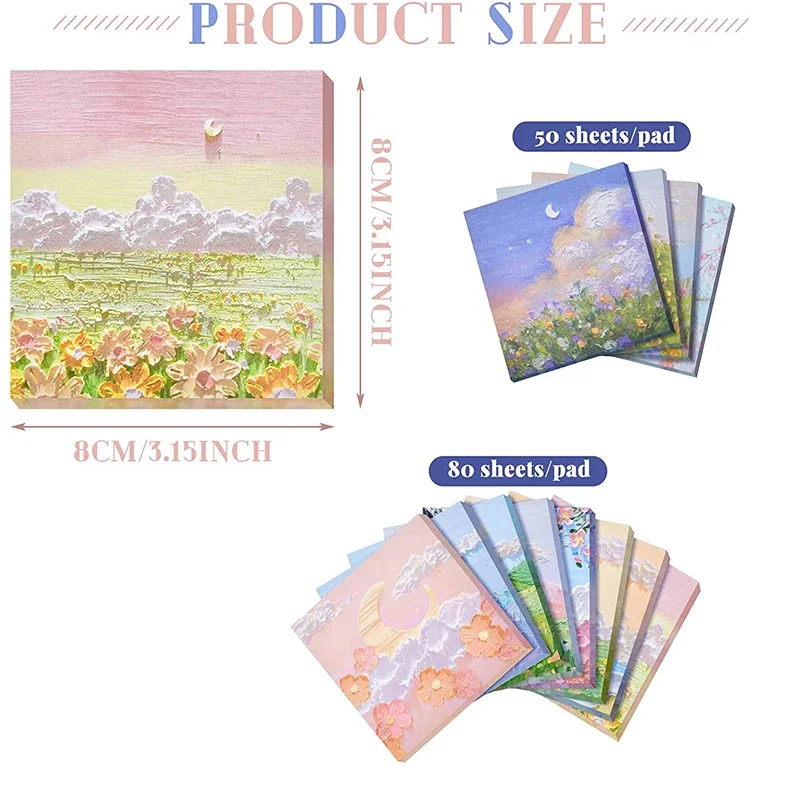 50-80 Sheets Oil Painting Landscape Sticky Notes Adhesive Memo Pad for Office Supplies for to-dos Reminders and Learning Notepad