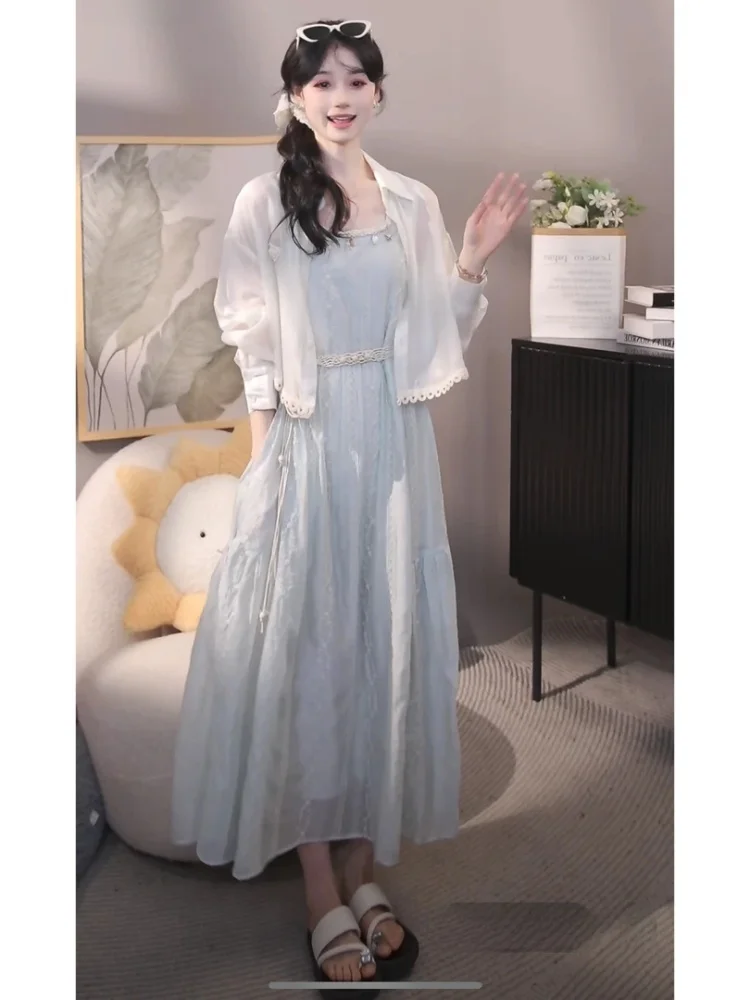 

Sweet Sle Anti-Aging Women's Thin Sunscreen Cardigan Skirt Set Ele Summer Outfit Long Sve Ne Two-Piece Set
